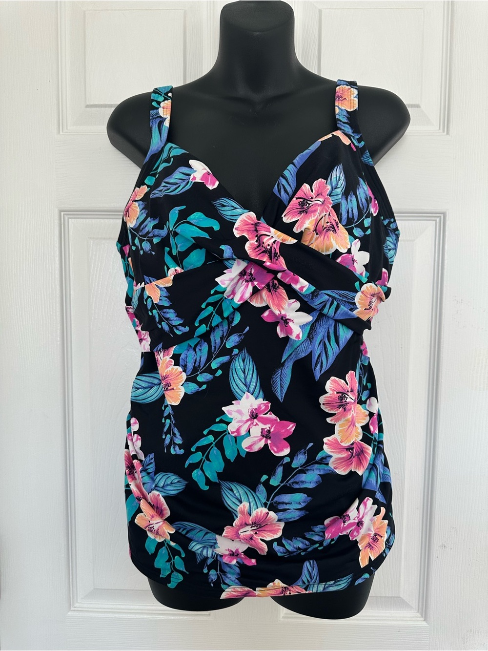 Lands' End Black Tankini Top with Pink and Teal Floral Print
